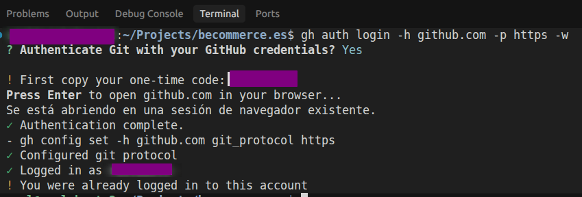 Terminal mostrando gh auth login
