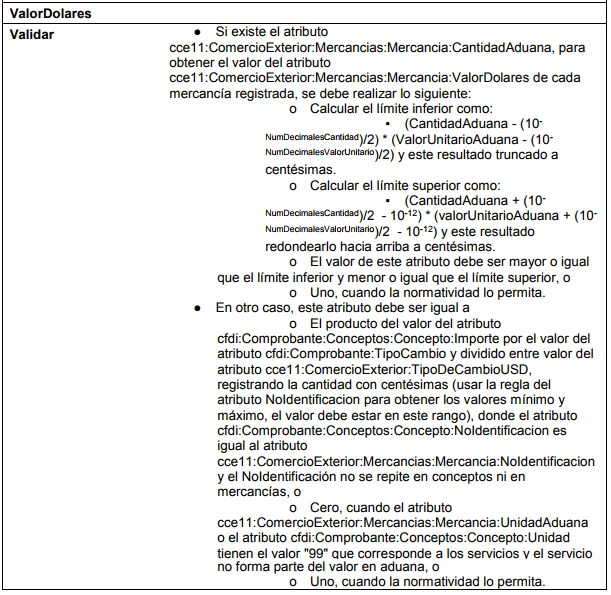 CCE205 La suma de los campos cce11:ComercioExterior:Mercancias:Mercancia:ValorDolares distintos de 