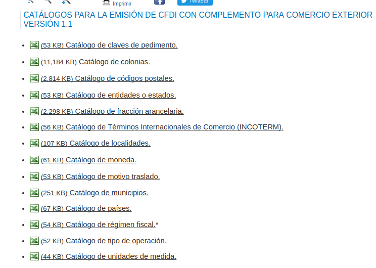 catalogos complemento para comercio exterior