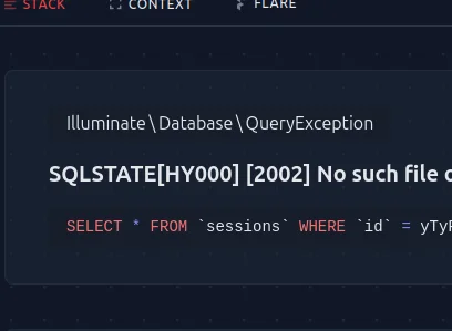 Illuminate \ Database \ QueryException PHP SQLSTATE[HY000] [2002] No such file or directory select * from sessions where id = B9e limit 1