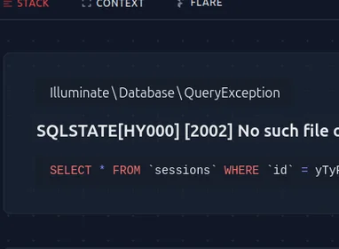 Illuminate \ Database \ QueryException PHP SQLSTATE[HY000] [2002] No such file or directory select * from sessions where id = B9e limit 1