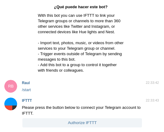 IFTTT autorización desde Telegram