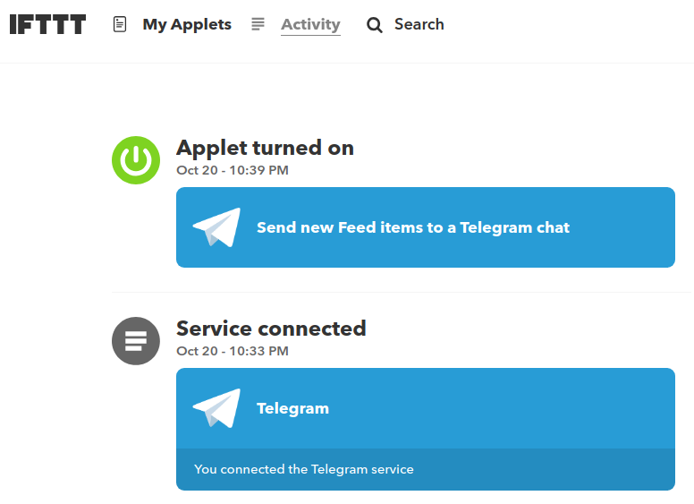 IFTTT Applet activado y Telegram conectado